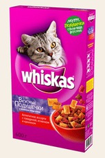 Сухой корм для взрослых кошек Whiskas вкусные подушечки с печеночным паштетом аппетитное ассорти с говядиной, ягненком и кроликом