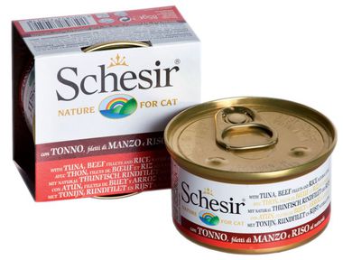 Консервированный корм для взрослых кошек Schesir для кошек на основе тунца, говядины и риса 85 г