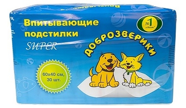 Подстилки впитывающие Пелигрин Доброзверики для домашних животных супер 60*40*30шт 