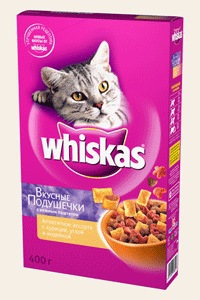 Сухой корм для взрослых кошек Whiskas вкусные подушечки с паштетом аппетитное ассорти с курицей, уткой и индейкой 350 гр, 800 гр, 1,9 кг, 5 кг
