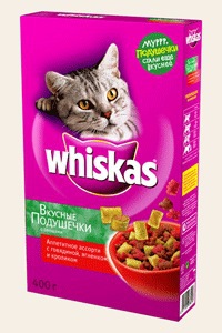 Сухой корм для взрослых кошек Whiskas вкусные подушечки со сметаной и овощами аппетитное ассорти с говядиной, кроликом и ягненком 350 гр, 800 гр, 1,9 кг