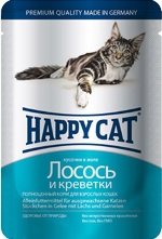 Консервированный корм для взрослых кошек Happy Cat нежные кусочки и ломтики с лососем и креветками 100 г