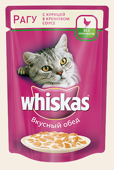 Консервированный корм для взрослых кошек Whiskas рагу с курицей в кремовом соусе 85 г 24 шт