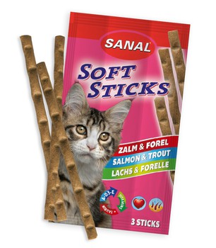 Лакомство для кошек Sanal Мягкие колбаски с лососем и форелью, Вит. A, D3, E,  35г*3шт/уп