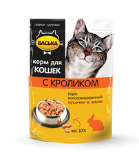 Консервированный корм для взрослых кошек Васька с кроликом кусочки в желе 100 г