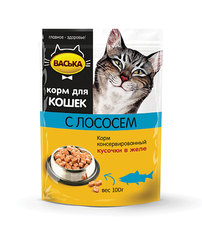 Консервированный корм для взрослых кошек Васька с лососем кусочки в желе 100 г