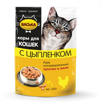 Консервированный корм для взрослых кошек Васька с цыпленком кусочки в желе 100 г