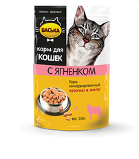 Консервированный корм для взрослых кошек Васька с ягненком кусочки в желе 100 г