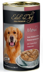 Консервы для взрослых собак Edel Dog нежные кусочки в соусе, три вида мяса, 1200 г