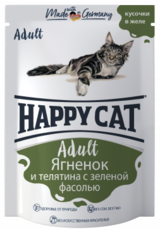 Влажный корм для взрослых кошек Happy Cat Ягненок и телятина с зеленой фасолью кусочки в желе 100 г