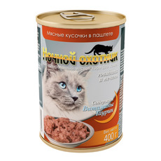 Консервированный корм для взрослых кошек Ночной охотник  паштет с говядиной и печенью 400 г