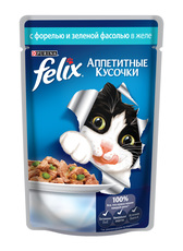 Консервированный корм для взрослых кошек Felix с форелью и зеленой фасолью аппетитные кусочки в желе 85 г 24 ш