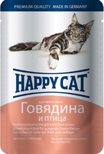Консервированный корм для взрослых кошек Happy Cat нежные кусочки и ломтики говядины и птицы 100 г