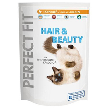 Сухой корм для взрослых длинношерстных кошек Perfect Fit Hair and Beauty с курицей 190 гр, 750 гр
