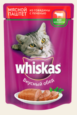 Консервированный корм для взрослых кошек Whiskas паштет с говядиной и печенью 85 г
