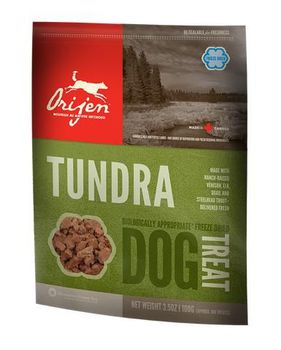 Сублимированное лакомство для собак Orijen Tundra на 100% состоят из мяса выращенного на ранчо оленя, перепела и радужной форели 42,5 гр, 92 гр