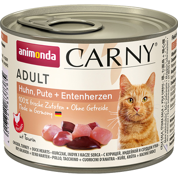 Консервированный  корм для взрослых кошек Animonda Carny Adult Cat - Chicken, Turkey + Duck Hearts с курицей, индейкой и сердцем утки 200 гр