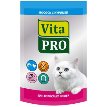 Консервированный влажный корм для взрослых кошек Vitapro с курицей и лососем 100 г