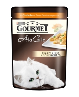 Консервированный корм для взрослых кошек Gourmet A la Carte индейка с зеленым горошком и морковью а-ля рататуй 85 г