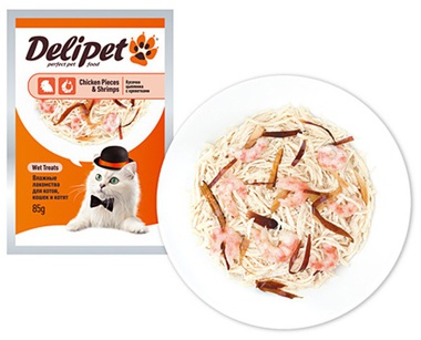 Консервированный корм для взрослых кошек Delipet кусочки в соусе с цыпленком и креветками 85 г