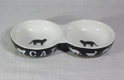 Миска для кошек Ipst Cat двойная, 22 см, керамика, черная, с рисунком