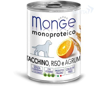 Консервы для взрослых собак Monge Dog Monoproteico Fruits паштет из индейки с рисом и цитрусовыми 400 г