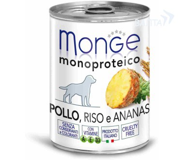 Консервы для взрослых собак Monge Dog Monoproteico Fruits паштет из курицы с рисом и ананасами 400 г