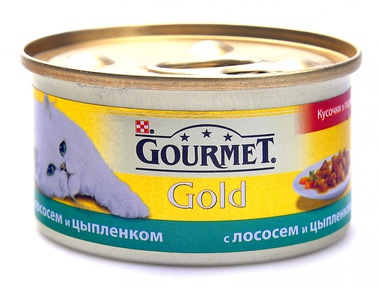 Консервированный корм для взрослых кошек Gourmet Gold кусочки в подливке с лососем, цыпленком 85 г 85 гр