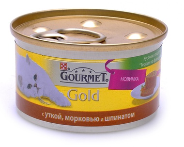Консервированный корм для взрослых кошек Gourmet Gold с уткой, морковью и шпинатом по-французски кусочки в паштете 85 гр