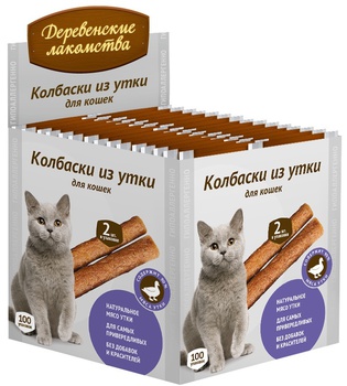 Лакомство для кошек Деревенские Лакомства мини колбаски из утки, 100 шт по 4 г
