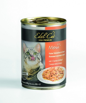 Консервированный корм для взрослых кошек Edel Cat нежные кусочки в соусе, три вида мяса, 400 г