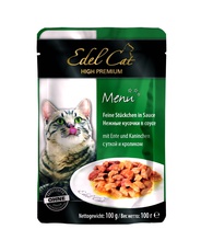 Консервированный корм для взрослых кошек Edel Cat нежные кусочки в соусе, с уткой и кроликом, 100 г