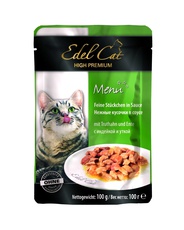 Консервированный корм для взрослых кошек Edel Cat нежные кусочки в соусе, с индейкой и уткой, 100 г