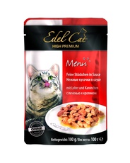 Консервированный корм для взрослых кошек Edel Cat нежные кусочки в соусе, с печенью и кроликом, 100 г