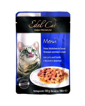 Консервированный корм для взрослых кошек Edel Cat нежные кусочки в соусе, с лососем и форелью, 100 г