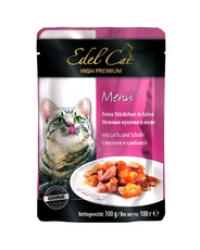 Консервированный корм для взрослых кошек Edel Cat нежные кусочки в желе, с лососем и камбалой, 100 г 