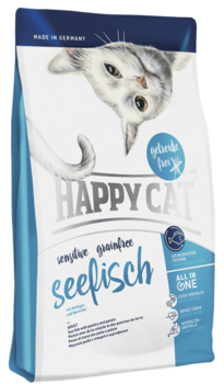 Сухой корм для взрослых кошек с чувствительным пищеварением Happy Cat Sensitive Grainfree Морская рыба 300 гр, 1,4 кг