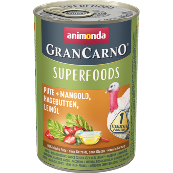 Консервы для взрослых собак Animonda GranСarno Superfoods Adult Dog - Turkey + Chard, Rosehips, Linseed Oil с индейкой, мангольдом, шиповником и льняным маслом 400 гр