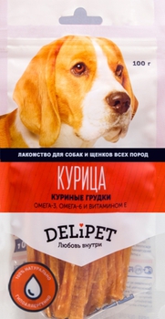 Лакомство для собак Delipet куриные грудки с Омега-3 и 6 и Витамином Е 100 г