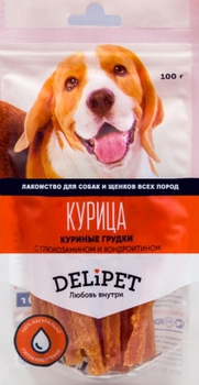 Лакомства для собак Delipet куриные грудки с глюкозамином и хондроитином 100 г