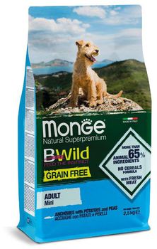 Сухой корм для взрослых собак Monge Dog BWild Grain Free Mini беззерновой корм из анчоуса с картофелем и горохом 2,5 кг