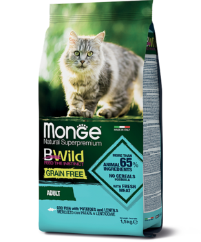 Monge BWild Cat Grain Free c треской, картофелем и чечевицей для взрослых кошек 1,5 кг