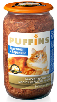 Консервированный корм для взрослых кошек Puffins Ночной Охотник с телятиной и бараниной 650 г