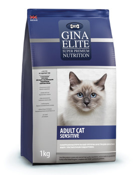 Корм для кошек с чувствительным пищеварением Gina Elite Cat Sensitive полнорационный, категория холистик 400 гр, 1 кг, 3 кг, 15 кг