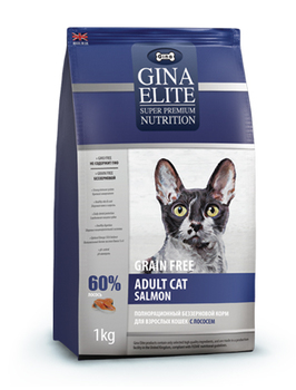 Сухой беззерновой корм для взрослых кошек Gina Elite Grain Free Adult Cat Salmon с лососем 1 кг, 3 кг, 15 кг
