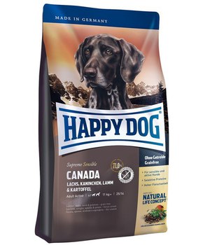 Сухой корм для взрослых собак и юниоров, склонных к пищевым аллергиям Happy Dog Supreme Sensible Canada, лосось, кролик, ягненок 1 кг, 4 кг, 12,5 кг