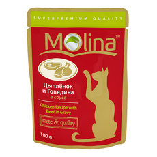 Влажный корм (пауч) для кошек Molina Цыпленок и говядина в соусе 100гр.
