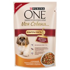 Консервы для собак Purina One Моя Собака Любитель Поесть курица, коричневый рис, томаты в подливе, 100 г