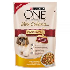 Консервы для собак Purina One Моя Собака Любитель Поесть индейка, морковь, горох в подливе, 100 г