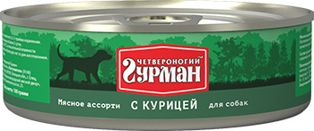Консервы для взрослых собак Четвероногий Гурман мясное ассорти с курицей  100 г